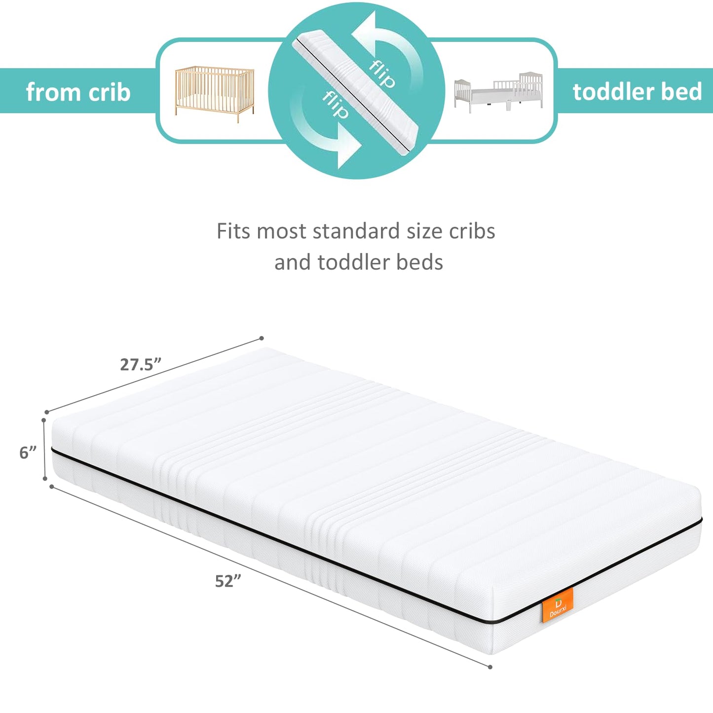 Dourxi 6 Inch Crib Mattress, Dual-Sided Comfort Memory Foam Baby Toddler Mattress W/ Breathable 3-D Spacer Cover