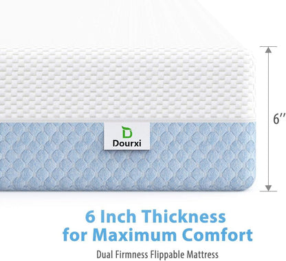 Dourxi 6 Inch Crib Mattress, Dual Sided Comfort Memory Foam Toddler Mattress, Triple-Layer Breathable Premium Baby Mattress W/Removable Cover - White&Blue