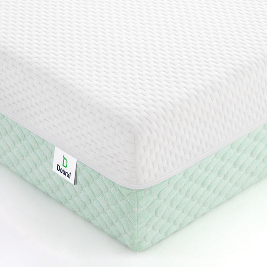 Dourxi Crib Mattress, Dual Sided Comfort Memory Foam Toddler Bed Mattress, Triple-Layer Breathable Premium Baby Mattress for Infant and Toddler w/Removable Outer Cover - White&Green
