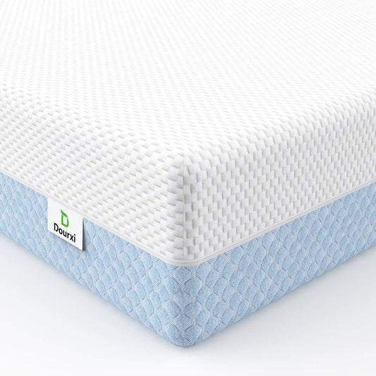 Dourxi 6 Inch Crib Mattress, Dual Sided Comfort Memory Foam Toddler Mattress, Triple-Layer Breathable Premium Baby Mattress W/Removable Cover - White&Blue