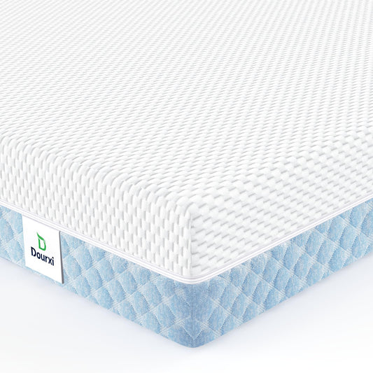 Dourxi Mini Crib Mattress, 38x24X4 Inch Dual Sided Comfort Gel Memory Foam, Breathable Premium Baby Mattress for Mini and Portable Cribs w/Removable Outer Cover - White&Blue